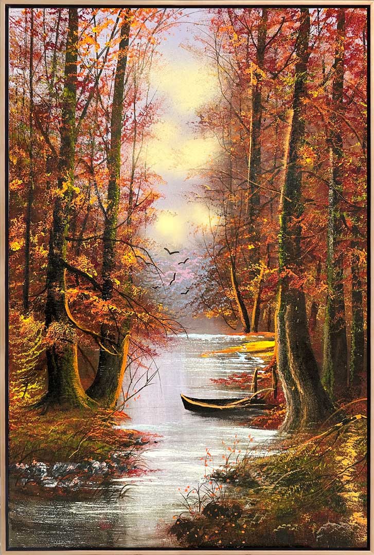 Nehir Kenarındaki Sonbahar Ormanı Yağlı Boya Tablosu