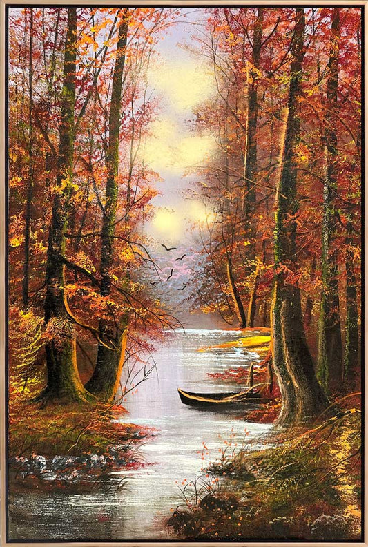 Nehir Kenarındaki Sonbahar Ormanı Yağlı Boya Tablosu