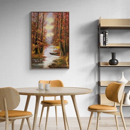 Nehir Kenarındaki Sonbahar Ormanı Yağlı Boya Tablosu