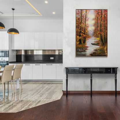 Nehir Kenarındaki Sonbahar Ormanı Yağlı Boya Tablosu