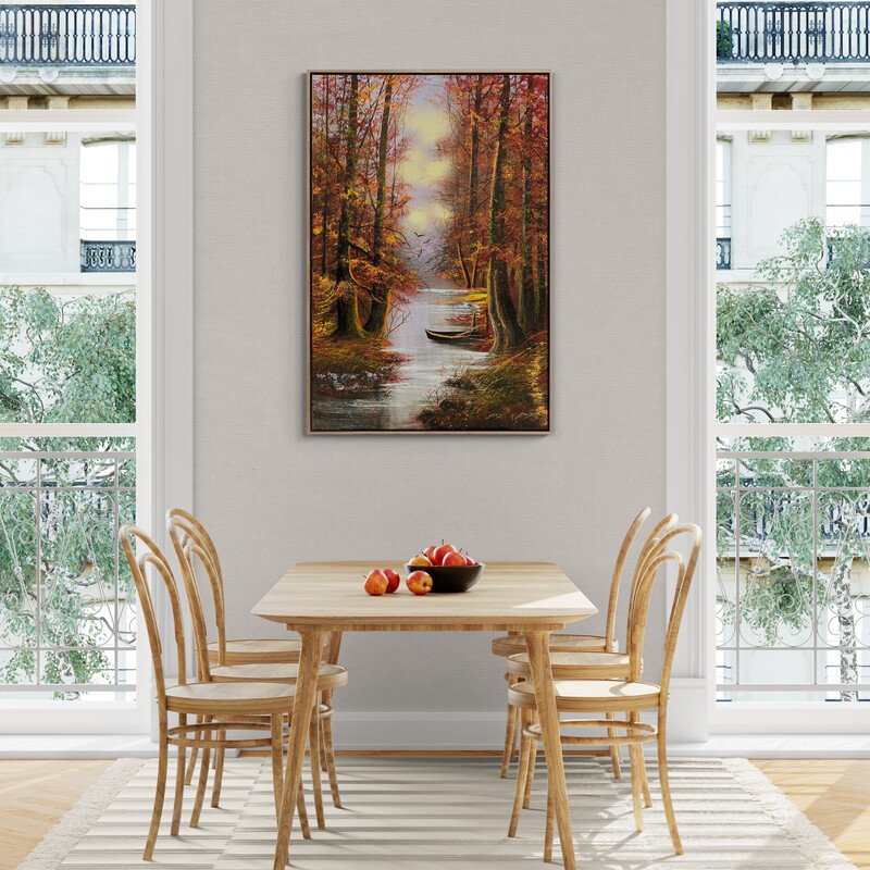 Nehir Kenarındaki Sonbahar Ormanı Yağlı Boya Tablosu