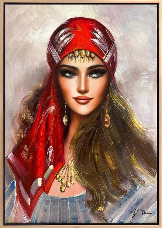 Kırmızı Yazmalı Acem Kızı Yağlı Boya Tablosu