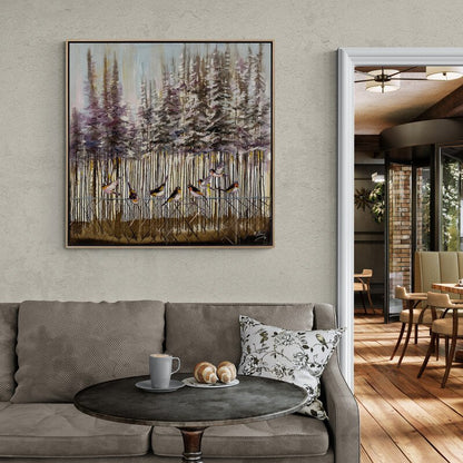 Karla Kaplı Ormanlarda Kuşlar Yağlı Boya Tablosu