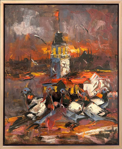 Kız Kulesi ve Kanatlı Dostları Yağlı Boya Tablosu