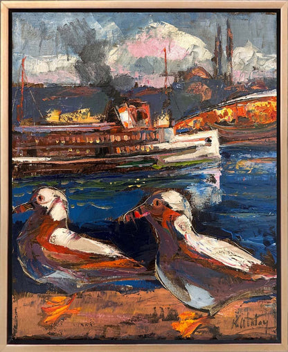 Kuşların Bakışıyla Geminin Geçişi Yağlı Boya Tablosu