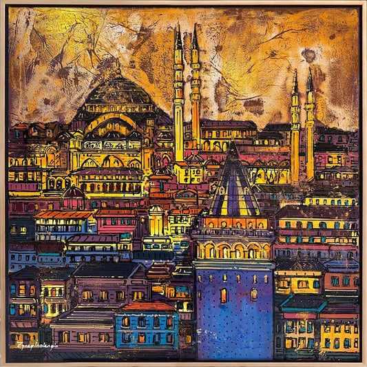 İstanbul'un Kalbi Renkli Galata Yağlı Boya Tablosu