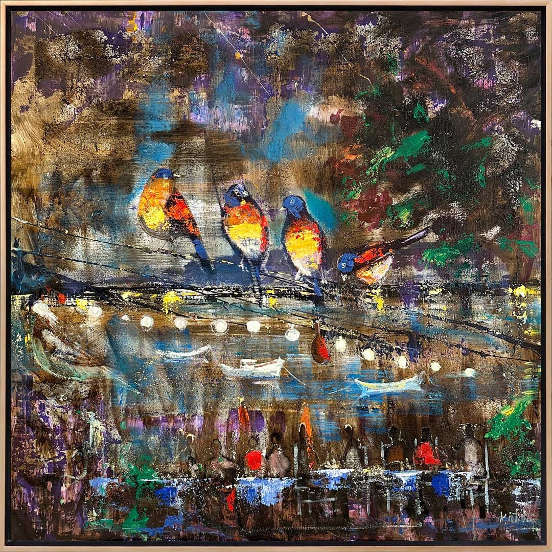 Kuşlu Çay Bahçesi Yağlı Boya Tablosu