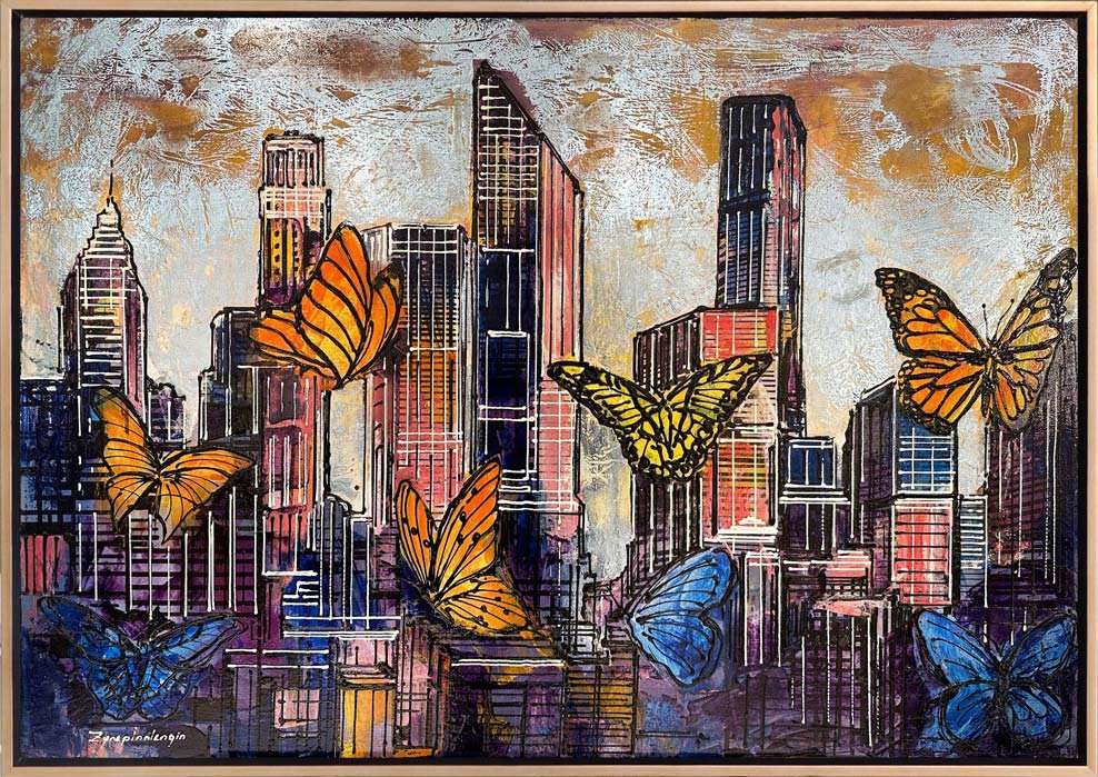 Renkli Kelebekler ve Şehir Yağlı Boya Tablosu