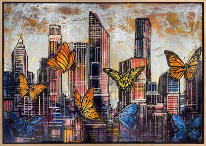 Renkli Kelebekler ve Şehir Yağlı Boya Tablosu