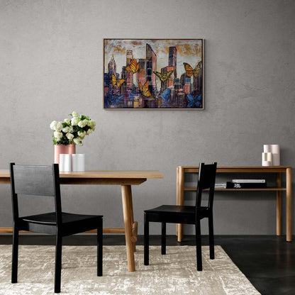 Renkli Kelebekler ve Şehir Yağlı Boya Tablosu