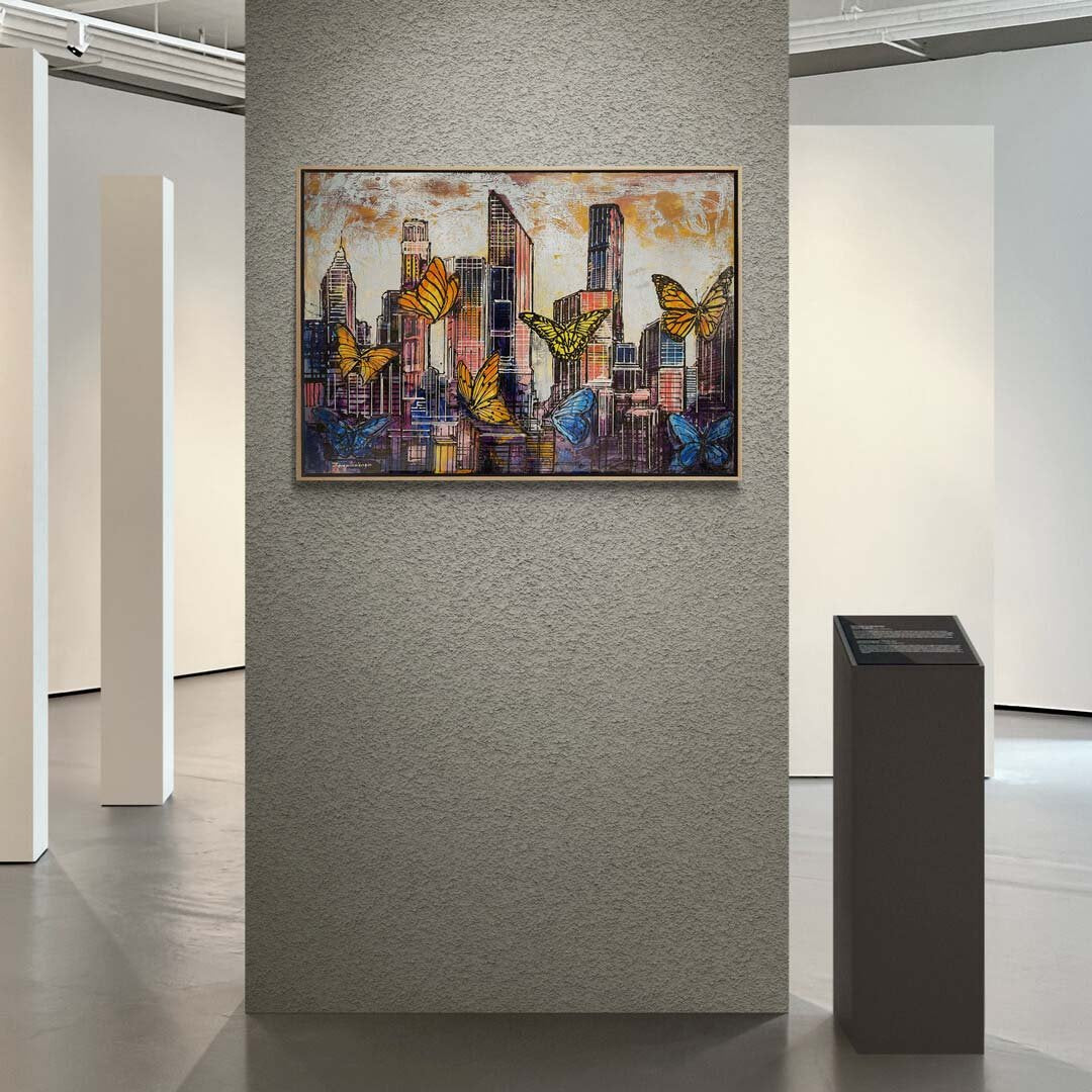 Renkli Kelebekler ve Şehir Yağlı Boya Tablosu