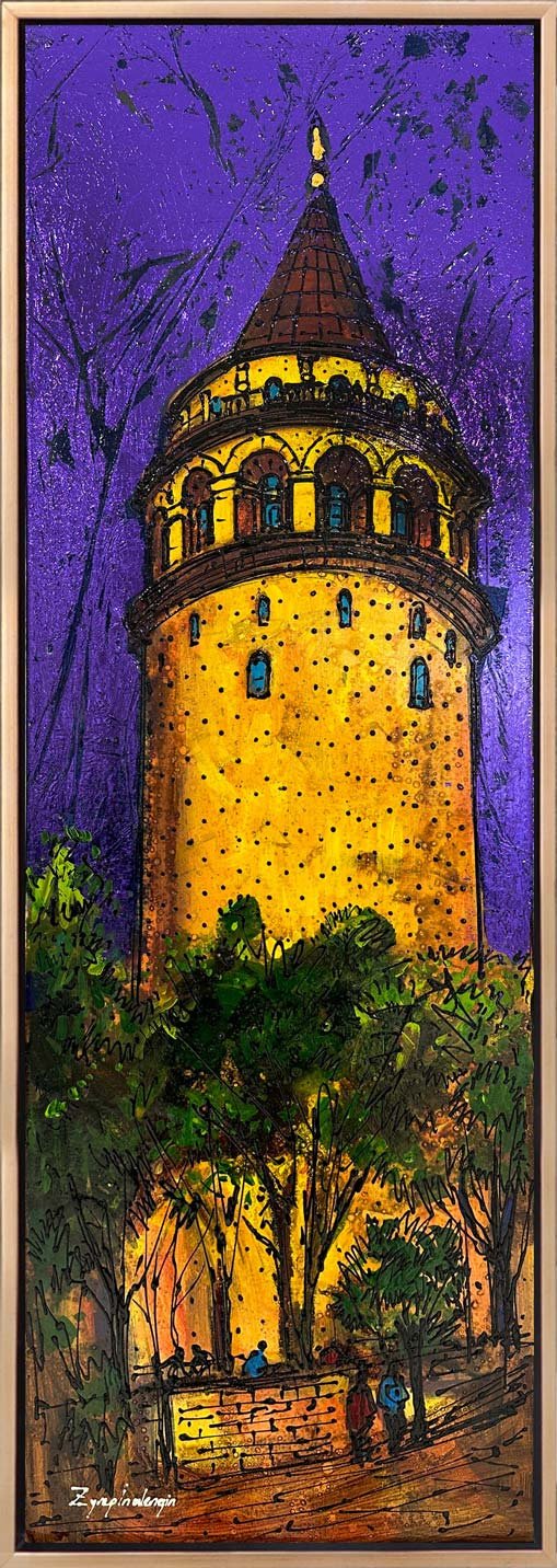 Gece Işıklarında Galata Yağlı Boya Tablosu