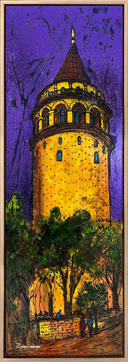 Gece Işıklarında Galata Yağlı Boya Tablosu