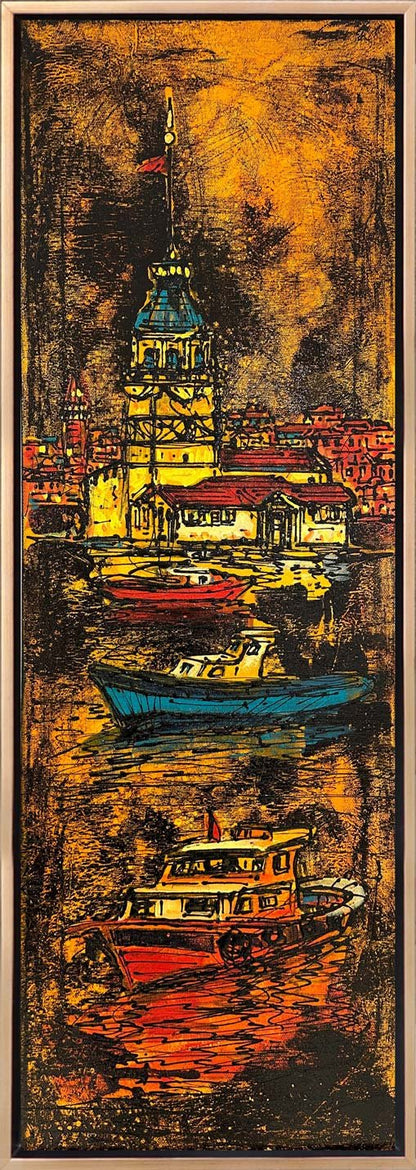 Kız Kulesi ve Denizci Tekneleri Yağlı Boya Tablosu