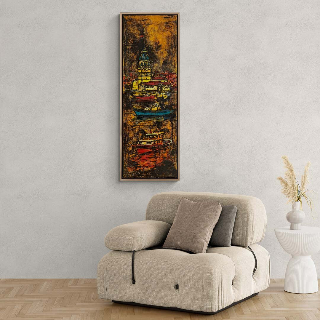 Kız Kulesi ve Denizci Tekneleri Yağlı Boya Tablosu