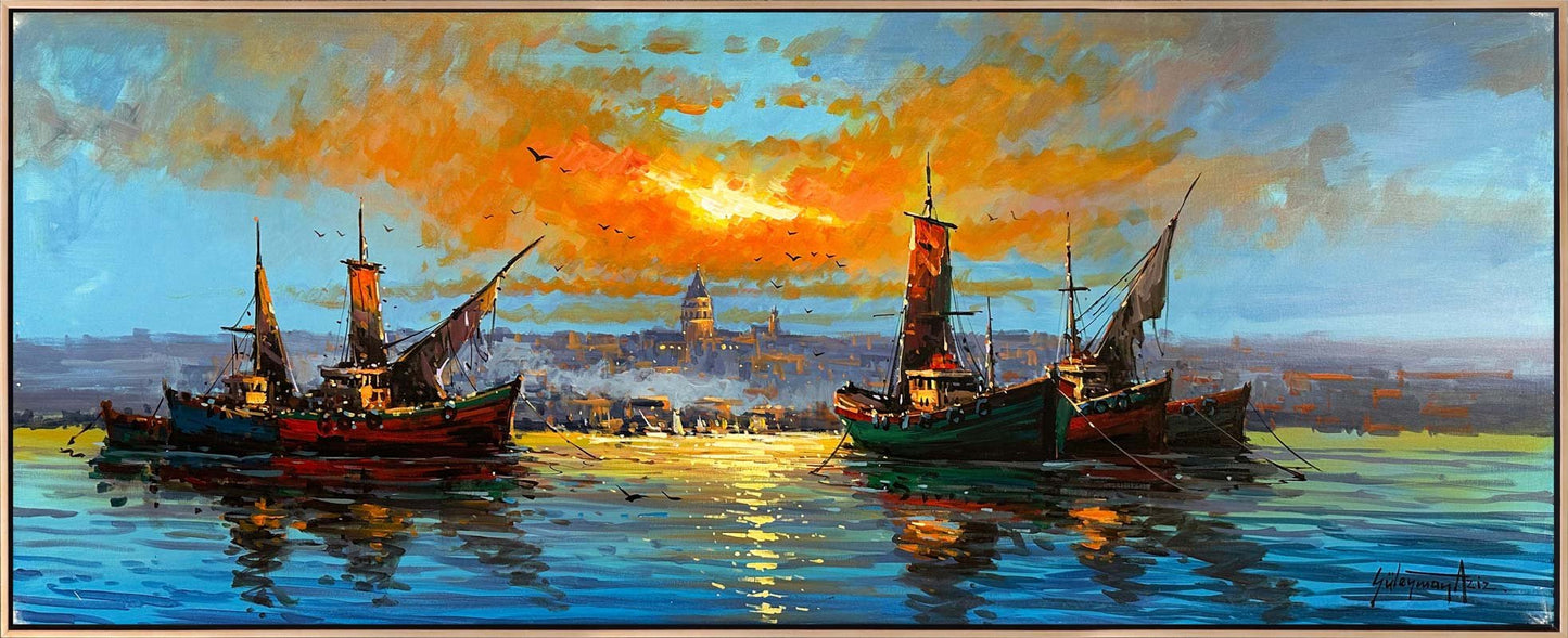 Galata Kulesi'nin Gölgesinde Tekneler Yağlı Boya Tablosu