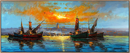 Galata Kulesi'nin Gölgesinde Tekneler Yağlı Boya Tablosu