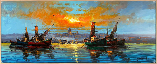 Galata Kulesi'nin Gölgesinde Tekneler Yağlı Boya Tablosu