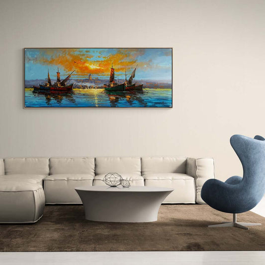 Galata Kulesi'nin Gölgesinde Tekneler Yağlı Boya Tablosu