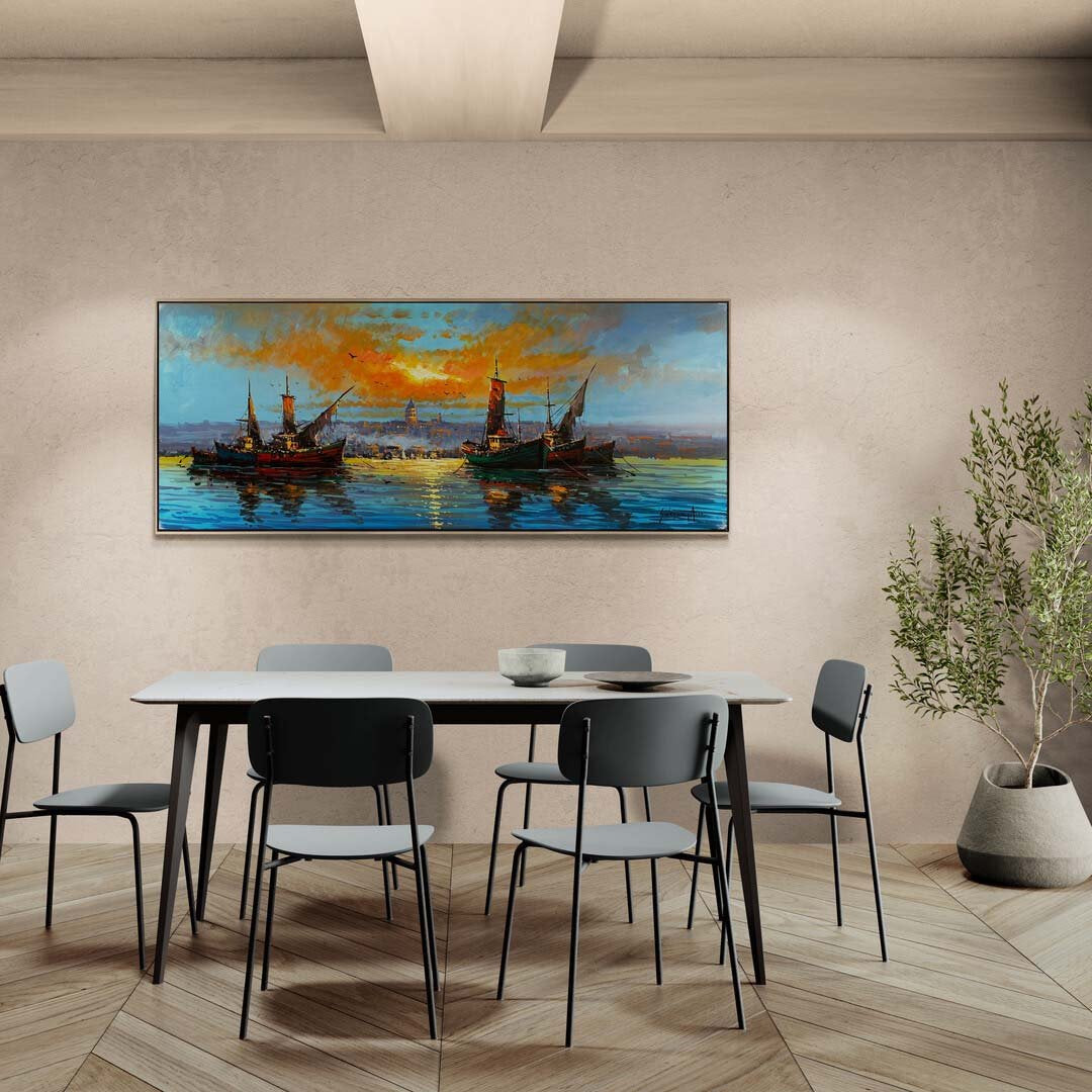 Galata Kulesi'nin Gölgesinde Tekneler Yağlı Boya Tablosu