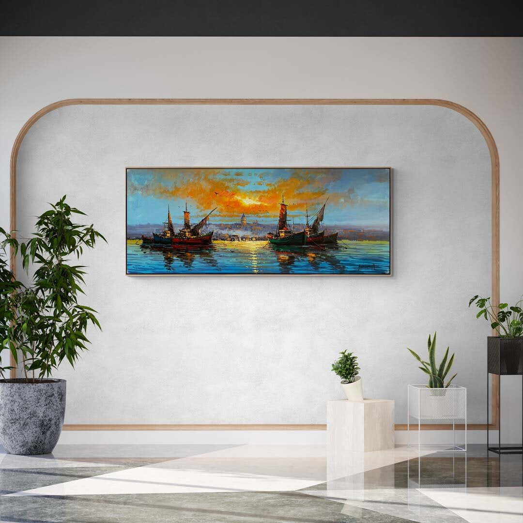 Galata Kulesi'nin Gölgesinde Tekneler Yağlı Boya Tablosu