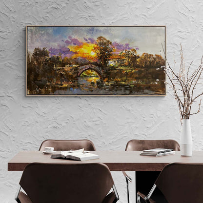 Nehir Kıyısında Akşam Yağlı Boya Tablosu