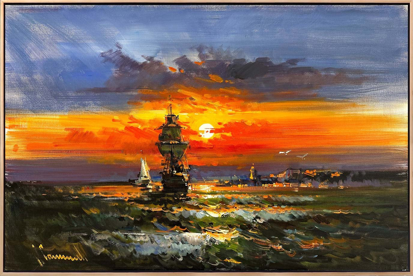 Renkli Ufuk ve Dalgalı Deniz Yağlı Boya Tablosu