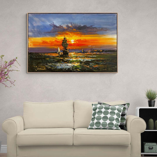 Renkli Ufuk ve Dalgalı Deniz Yağlı Boya Tablosu