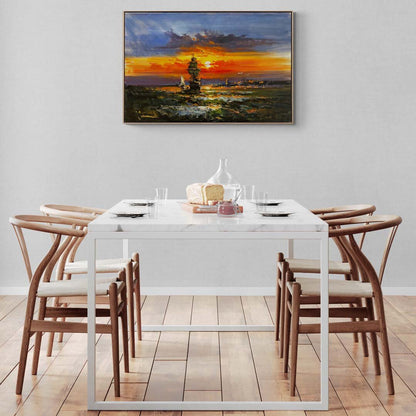 Renkli Ufuk ve Dalgalı Deniz Yağlı Boya Tablosu