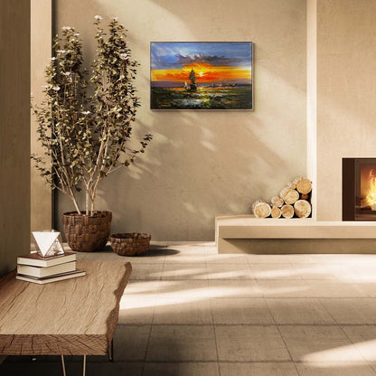 Renkli Ufuk ve Dalgalı Deniz Yağlı Boya Tablosu