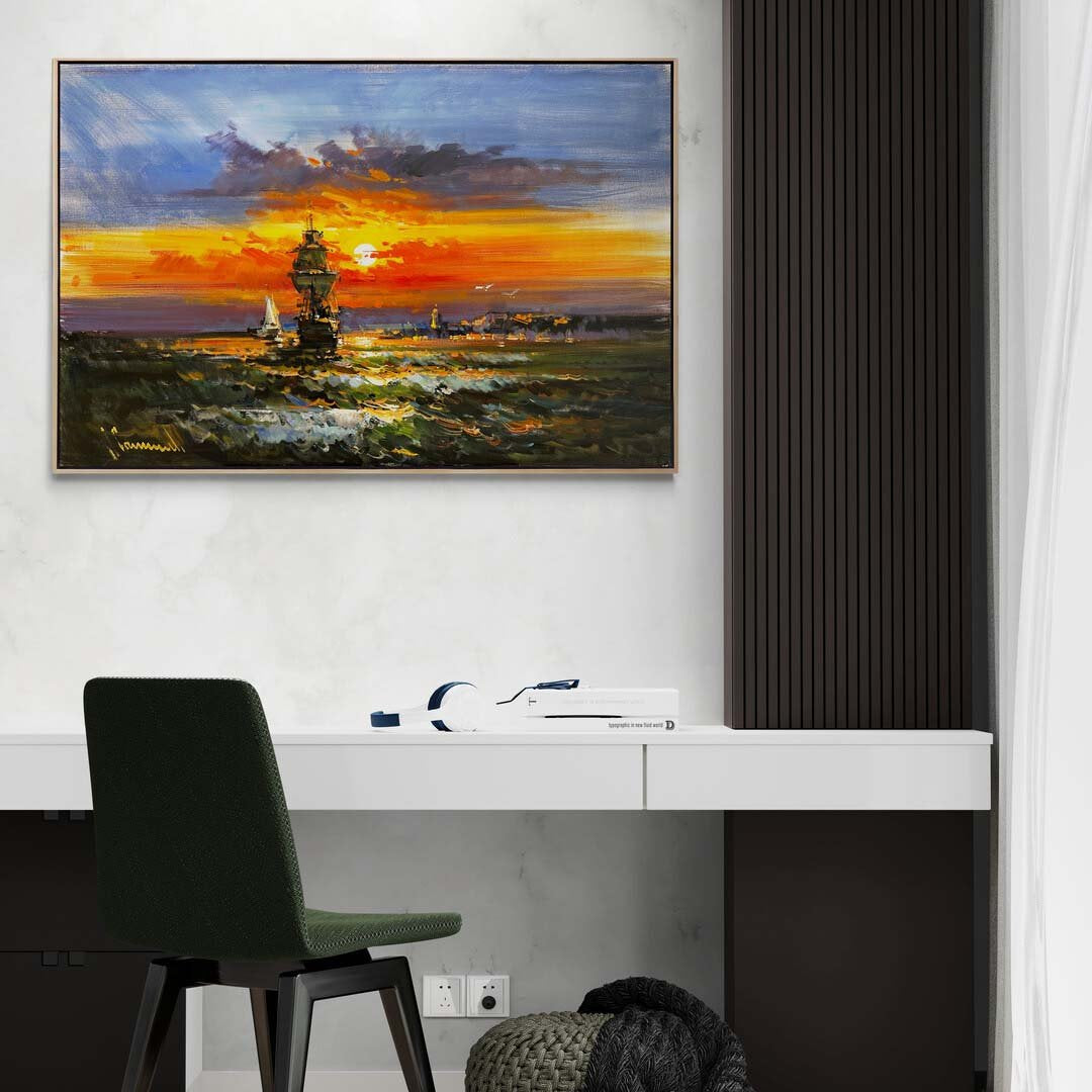 Renkli Ufuk ve Dalgalı Deniz Yağlı Boya Tablosu