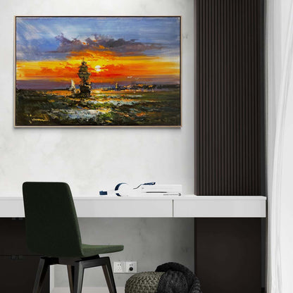 Renkli Ufuk ve Dalgalı Deniz Yağlı Boya Tablosu