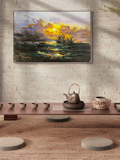 Kızıl Ufuk ve Dalgalar Yağlı Boya Tablosu