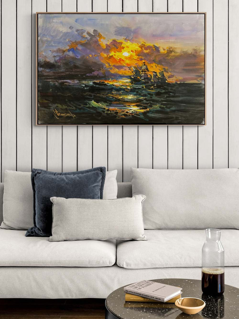 Kızıl Ufuk ve Dalgalar Yağlı Boya Tablosu