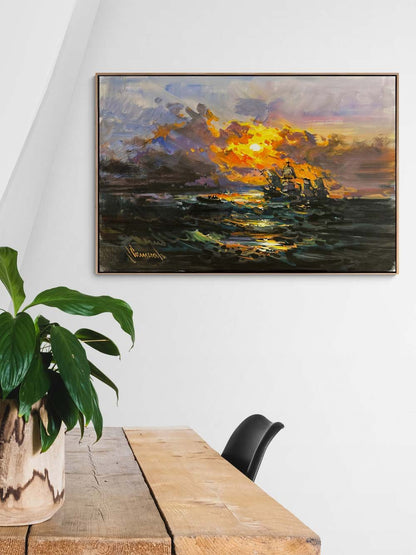 Kızıl Ufuk ve Dalgalar Yağlı Boya Tablosu