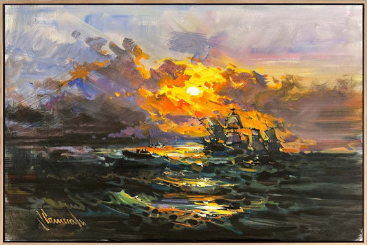 Kızıl Ufuk ve Dalgalar Yağlı Boya Tablosu