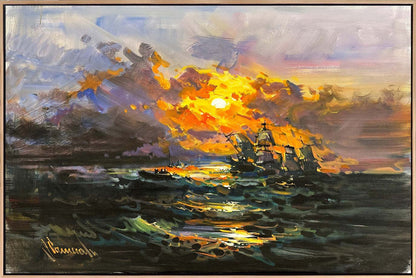 Kızıl Ufuk ve Dalgalar Yağlı Boya Tablosu