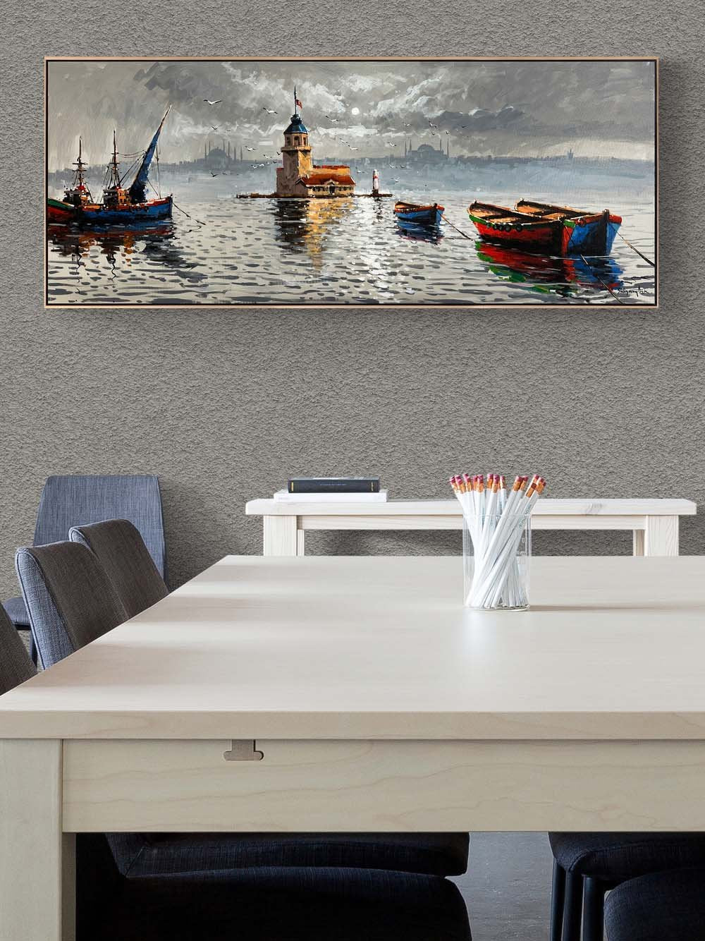 Kız Kulesi ve Teknelerin Duruşu Yağlı Boya Tablosu