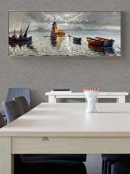 Kız Kulesi ve Teknelerin Duruşu Yağlı Boya Tablosu