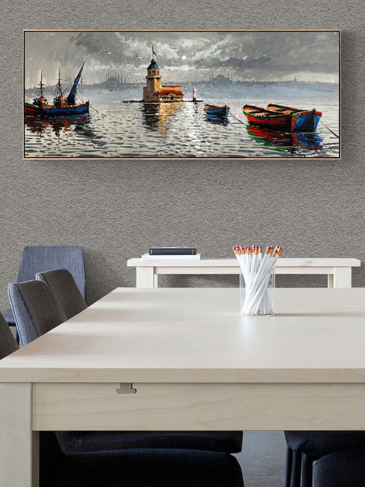 Kız Kulesi ve Teknelerin Duruşu Yağlı Boya Tablosu