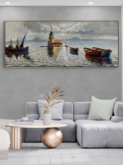 Kız Kulesi ve Teknelerin Duruşu Yağlı Boya Tablosu