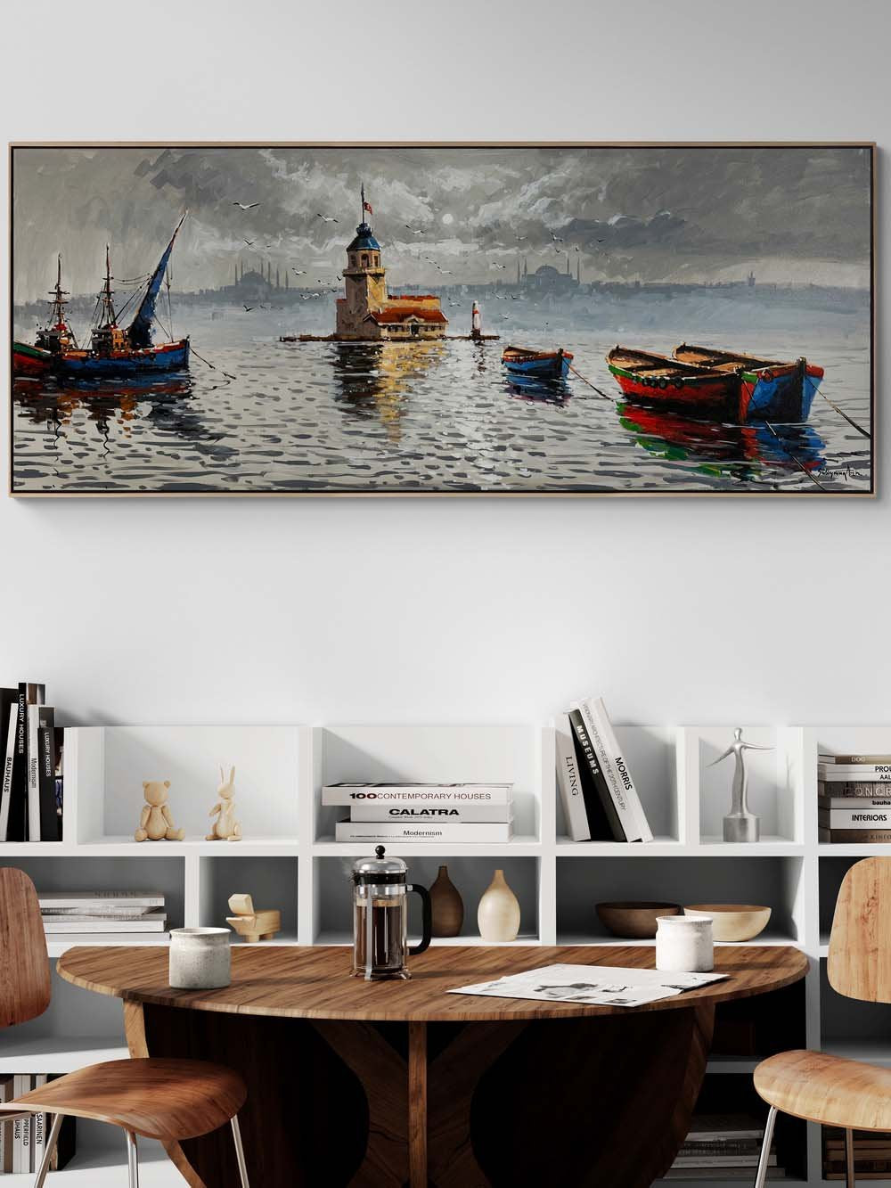 Kız Kulesi ve Teknelerin Duruşu Yağlı Boya Tablosu