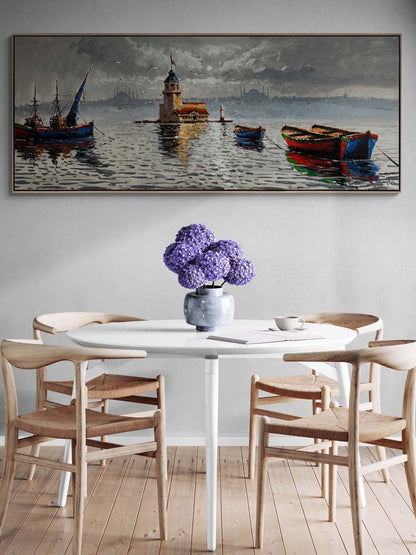 Kız Kulesi ve Teknelerin Duruşu Yağlı Boya Tablosu