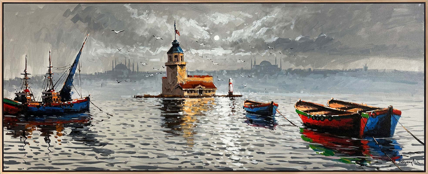 Kız Kulesi ve Teknelerin Duruşu Yağlı Boya Tablosu