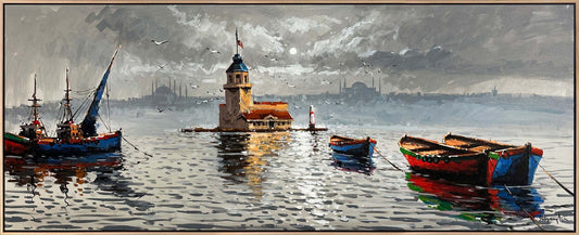 Kız Kulesi ve Teknelerin Duruşu Yağlı Boya Tablosu