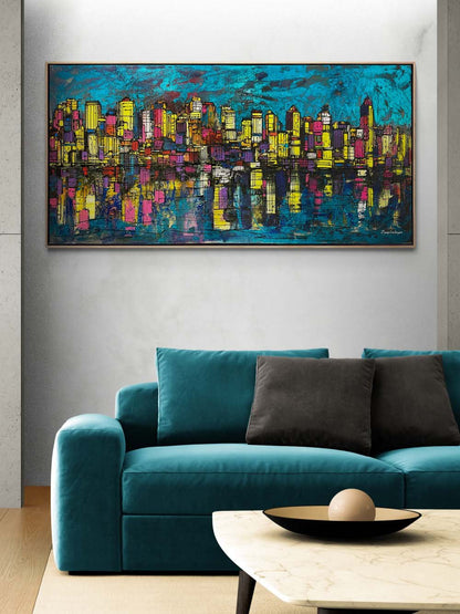 Şehir Silüeti ve Yansıma Yağlı Boya Tablosu