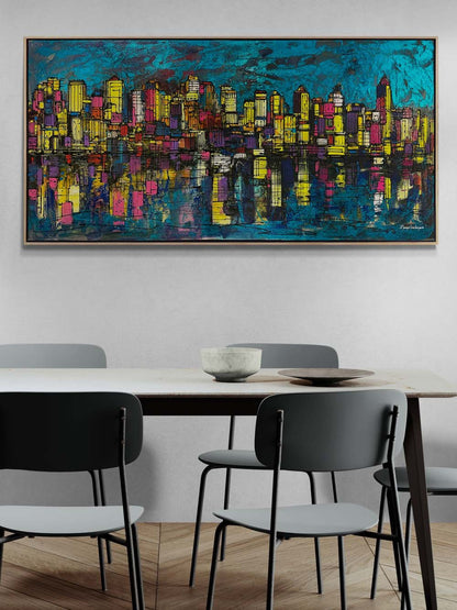 Şehir Silüeti ve Yansıma Yağlı Boya Tablosu
