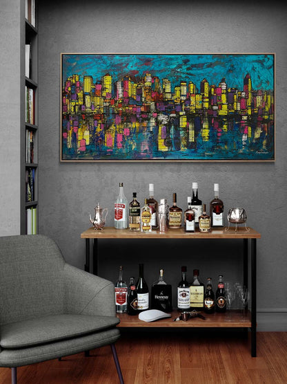 Şehir Silüeti ve Yansıma Yağlı Boya Tablosu