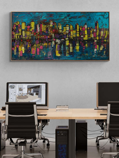 Şehir Silüeti ve Yansıma Yağlı Boya Tablosu