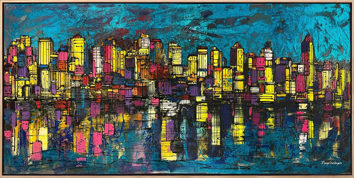 Şehir Silüeti ve Yansıma Yağlı Boya Tablosu